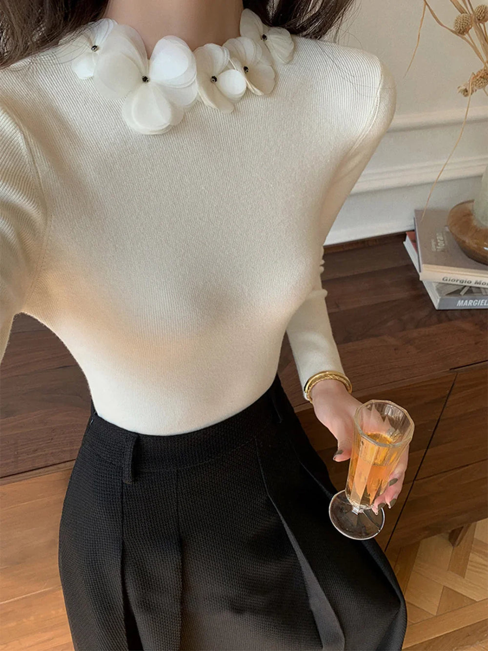 Solid Long Sleeve Trendy Floral Knit Top Sweaters L