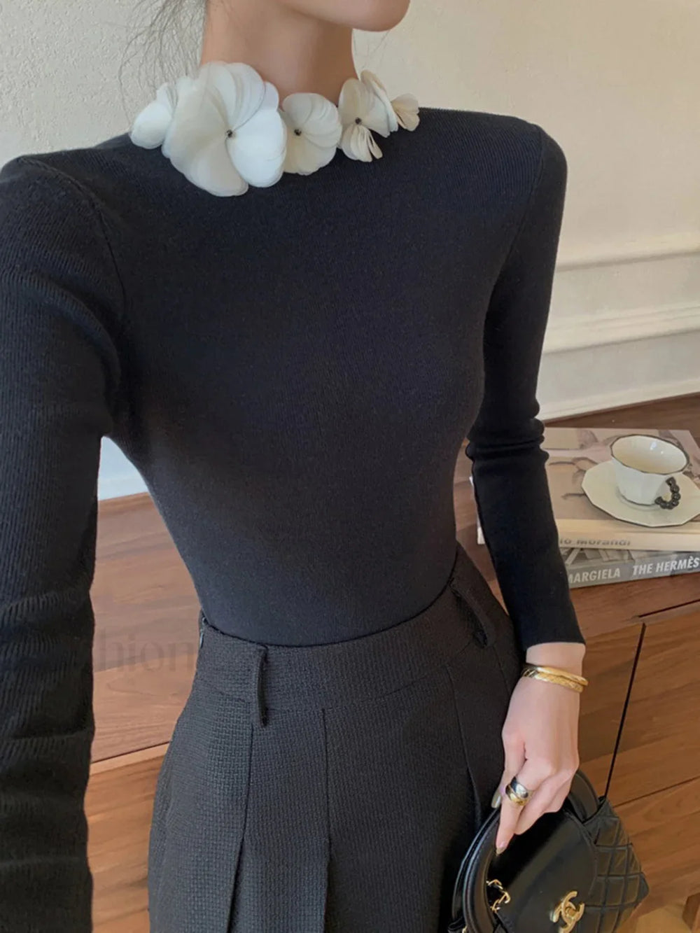 Solid Long Sleeve Trendy Floral Knit Top Sweaters L