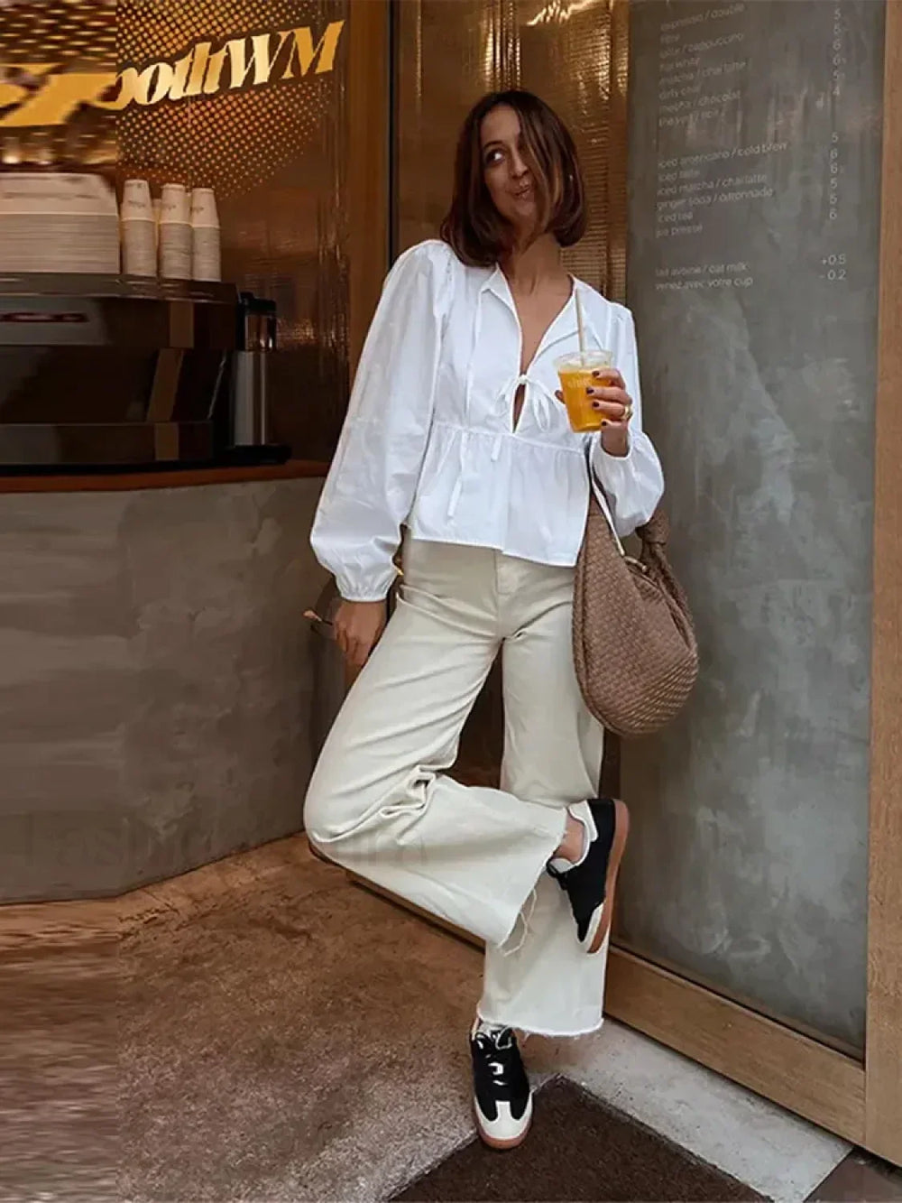 Solid Long White Office Top Blouse