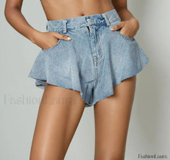 Solid Patchwork Button High Waist Spliced Casual Short SnowBlue / S