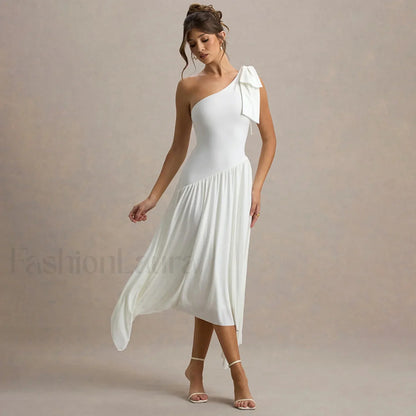 Solid Sleeveless One Shoulder Maxi Dress White / S