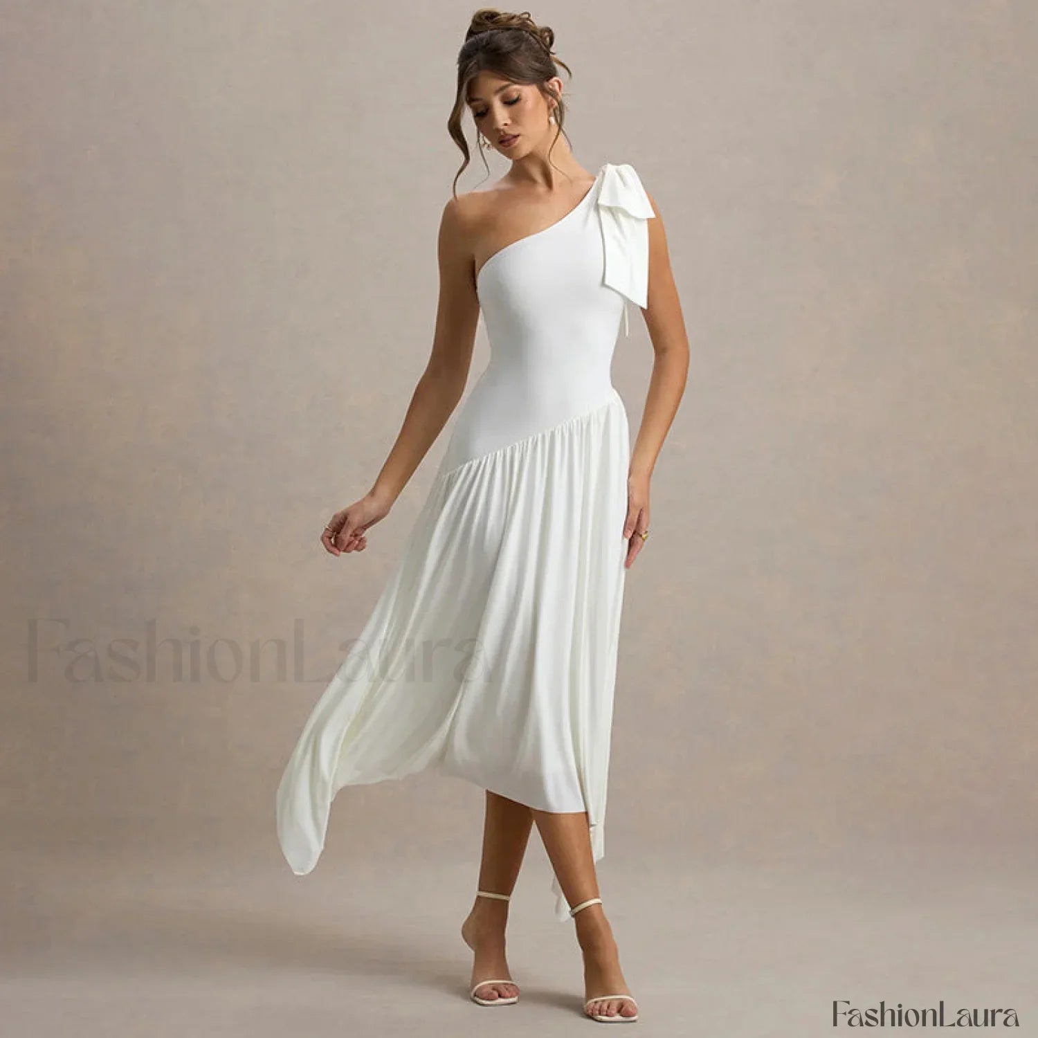 Solid Sleeveless One Shoulder Maxi Dress White / S