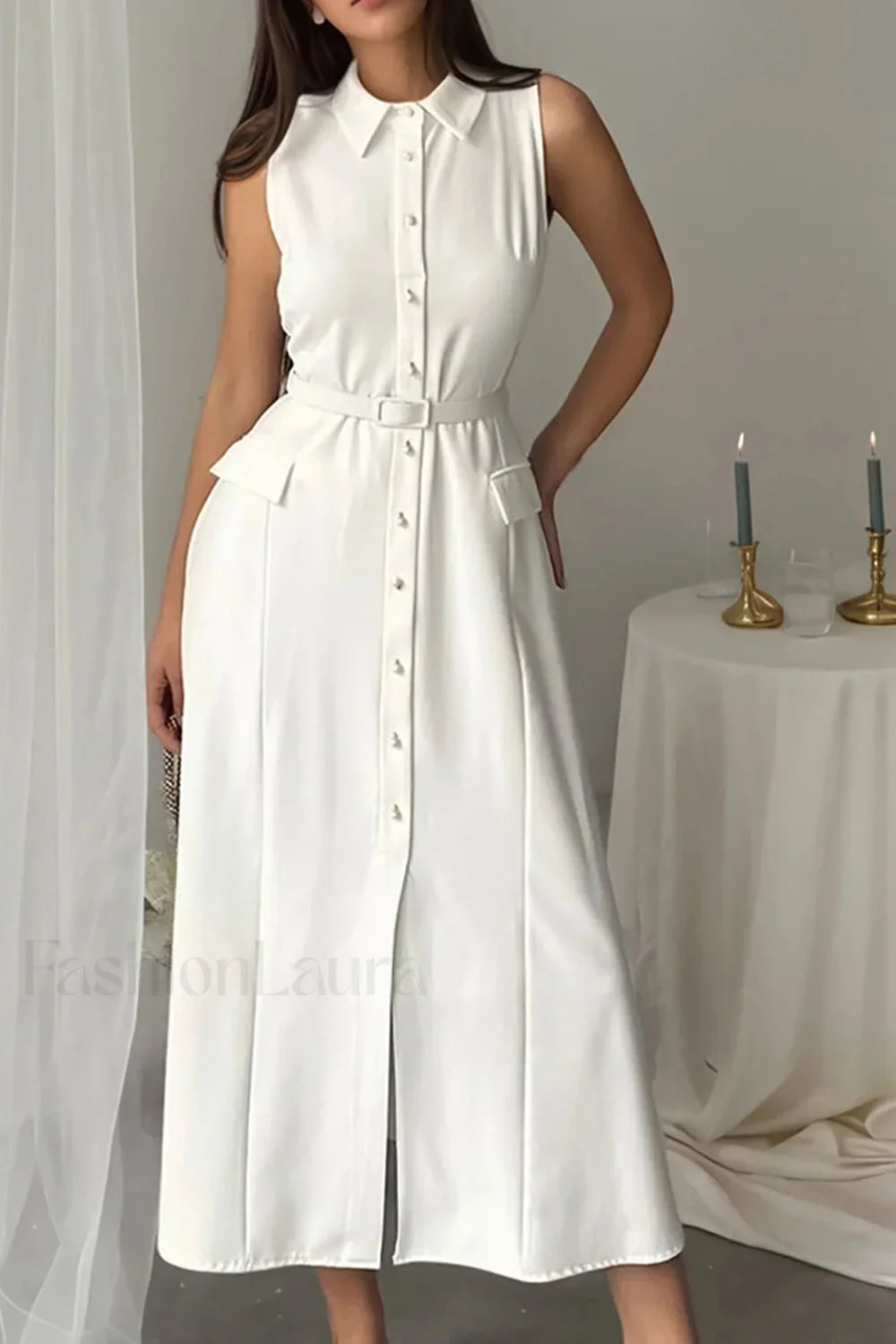 Solid Sleeveless Pearl Buckle Slim Split Maxi Dress