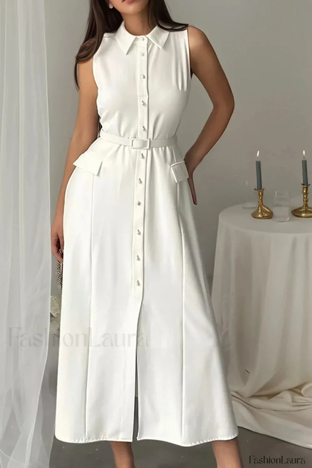 Solid Sleeveless Pearl Buckle Slim Split Maxi Dress