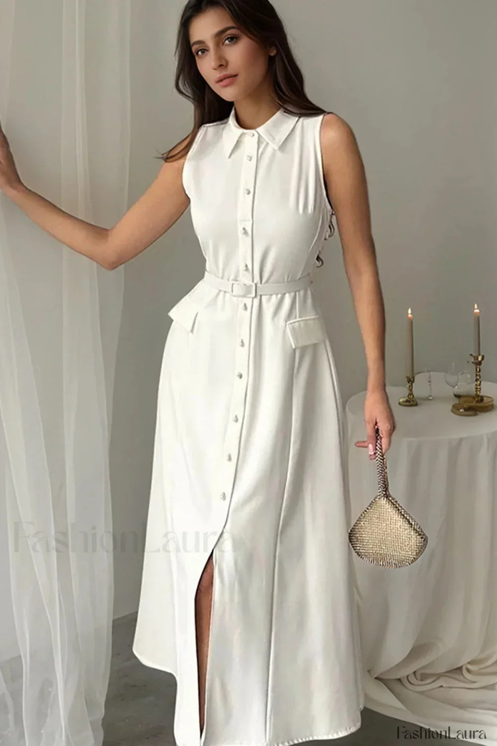 Solid Sleeveless Pearl Buckle Slim Split Maxi Dress White / S