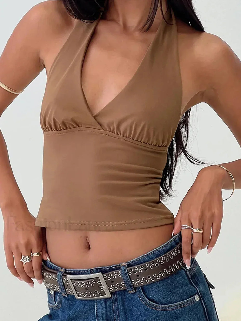 Solid Vintage Halter Crop Top Brown / S