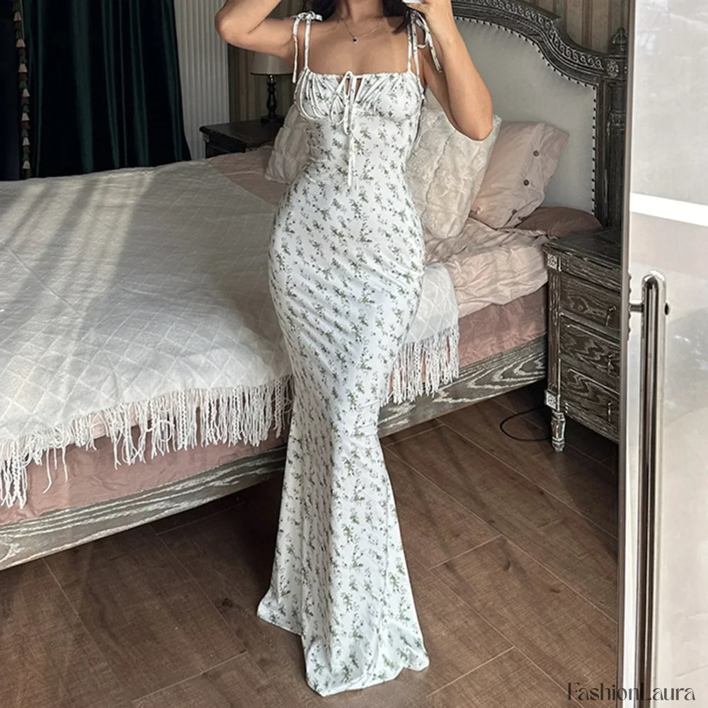 Spaghetti Bodycon Blue Floral Dress