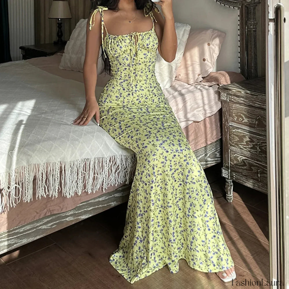 Spaghetti Bodycon Blue Floral Dress