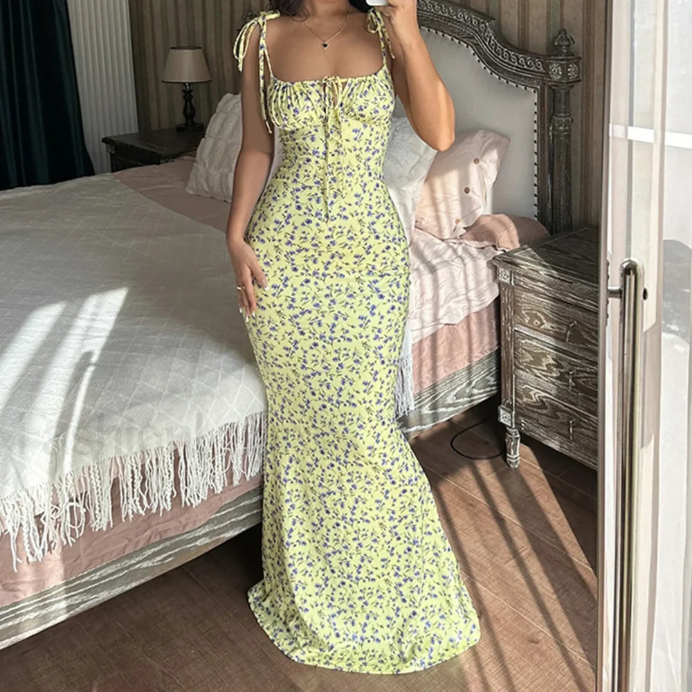 Spaghetti Bodycon Blue Floral Dress