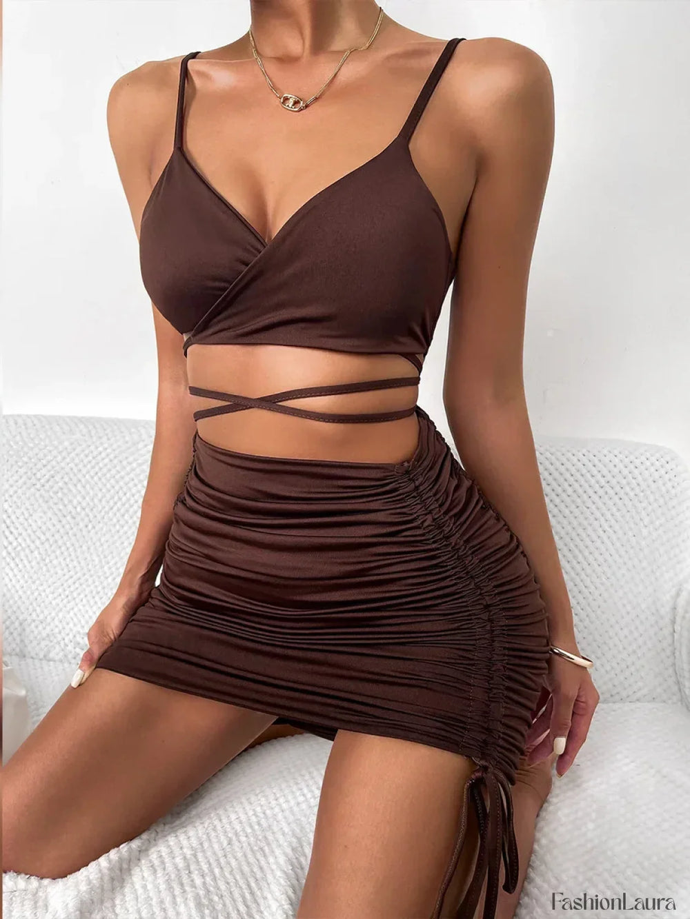 Spaghetti Cross Backless Mini Dress Brown / S