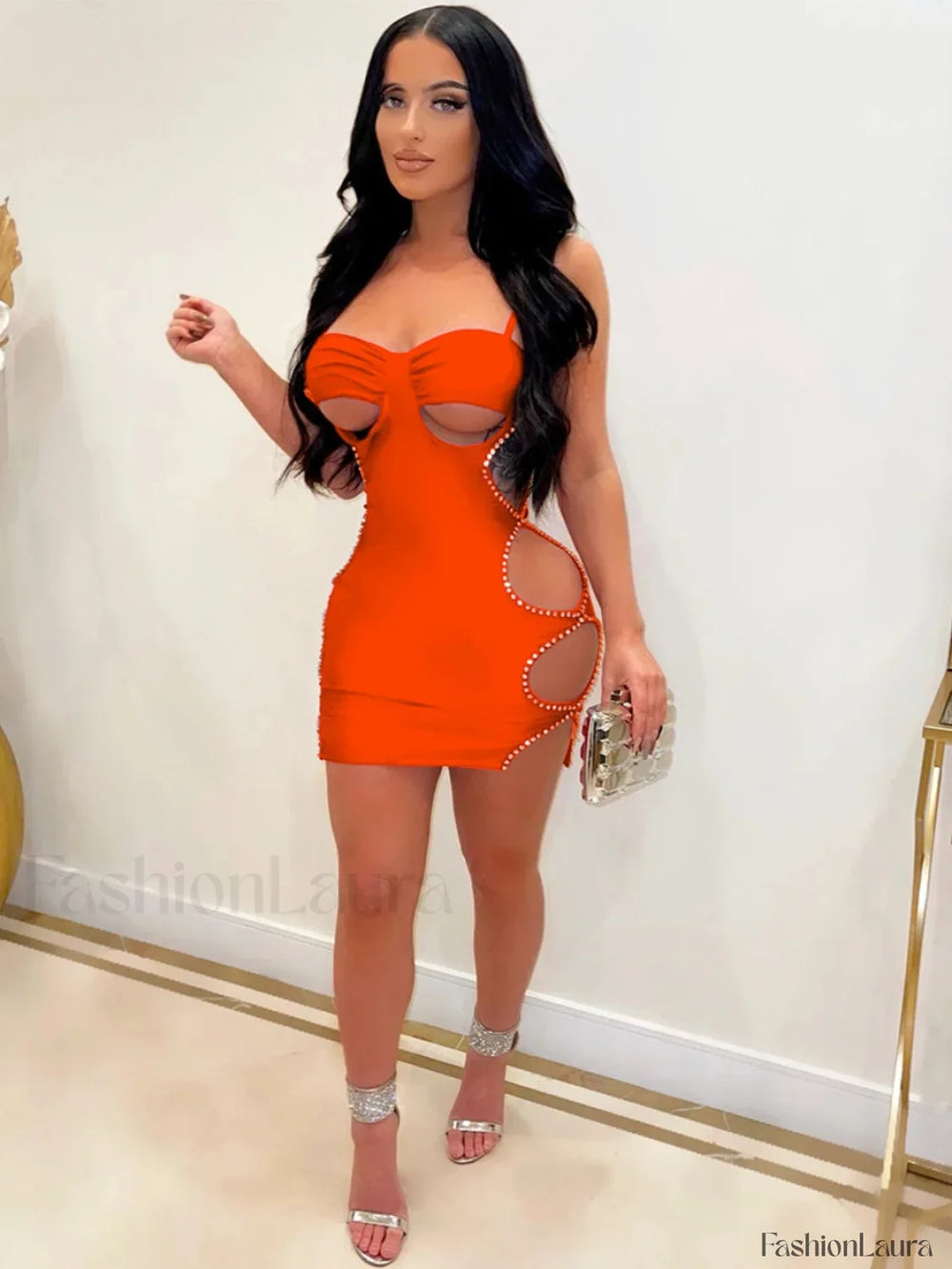 Spaghetti Strap Cut Out Mini Dress Orange / S