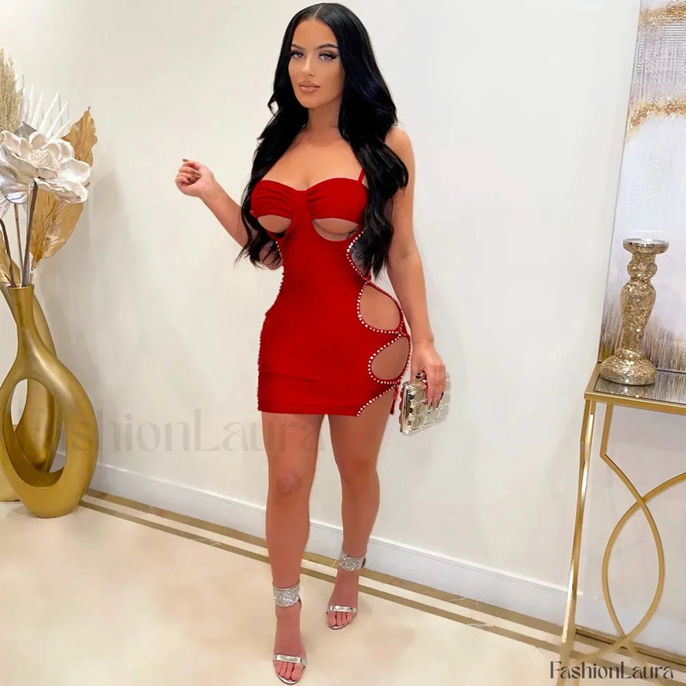 Spaghetti Strap Cut Out Mini Dress Red / S