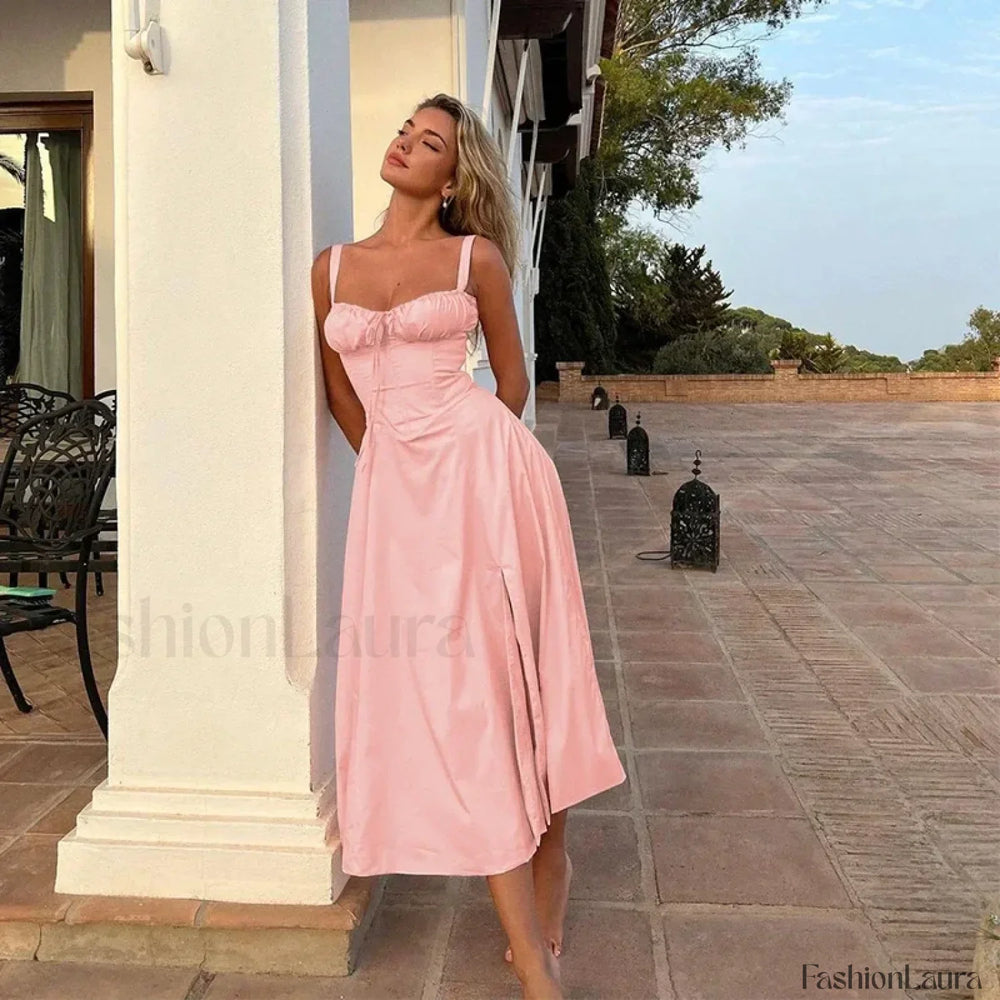 Spaghetti Strap Lace Up Floral Dress pink / S