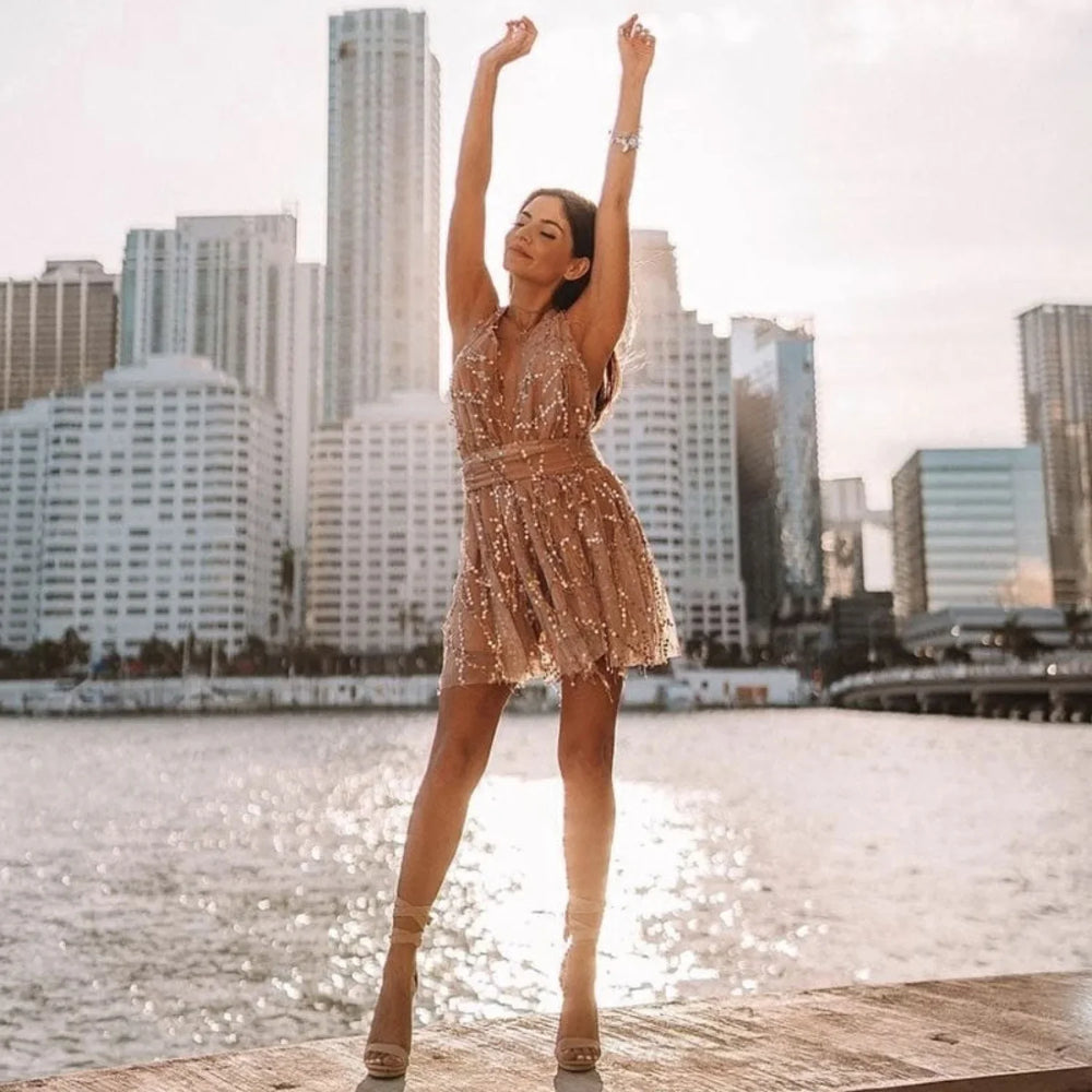 Sparkly Sequin Deep V Neck Party Mini Dress Gold L / Gold Party Dresses L