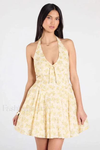 Spice Girl Deep V Neck Backless Pleated Printed A Line Mini Dress Light Yellow / S