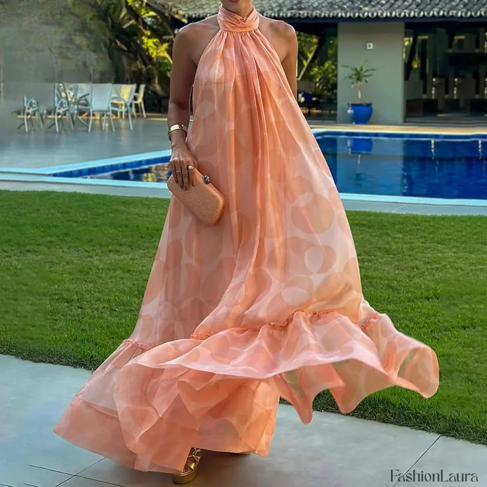 Spliced Dot Backless Halter Maxi Dress ORANGE / S