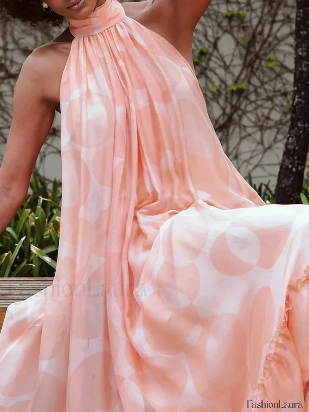 Spliced Dot Backless Halter Maxi Dress