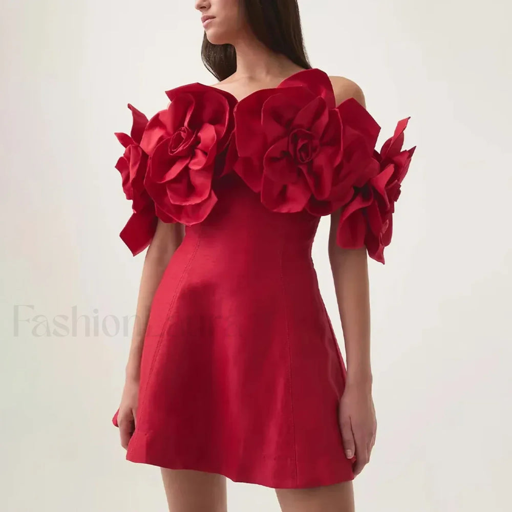 Spliced Flower Halter Mini Dress Red / S