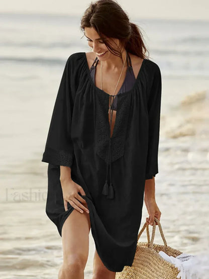 Spliced Lace Lace Up Tassel Cover Up Black / One Size