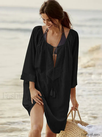 Spliced Lace Lace Up Tassel Cover Up Black / One Size