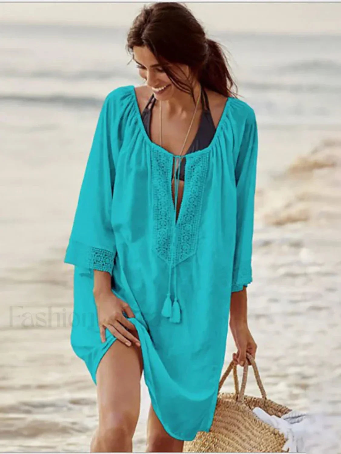 Spliced Lace Lace Up Tassel Cover Up Blue / One Size