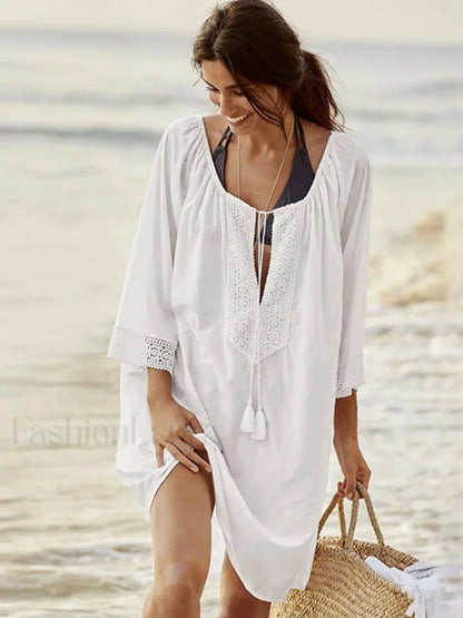 Spliced Lace Lace Up Tassel Cover Up WHITE / One Size