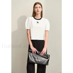 Spliced Mutton Sleeve T Shirt Beige / S