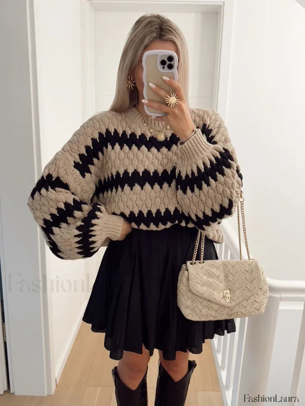 Splicing Round Neck Knitted Pullover Casual Long Sleeve Loose Women’s Sweater Sweaters L