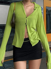 Split Cuff Button Front Long Sleeve Blouse Green / S Shirts