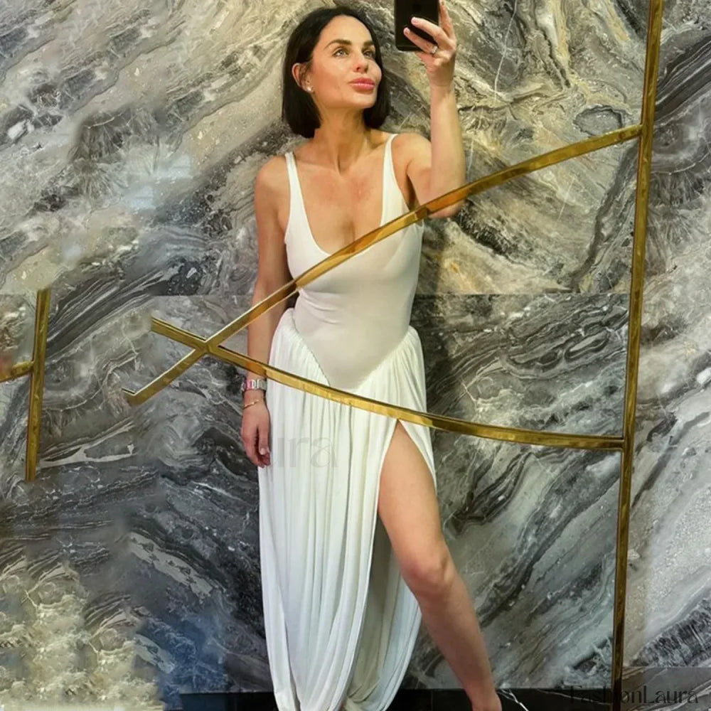 Split Draped U Neck Maxi Dress White / S