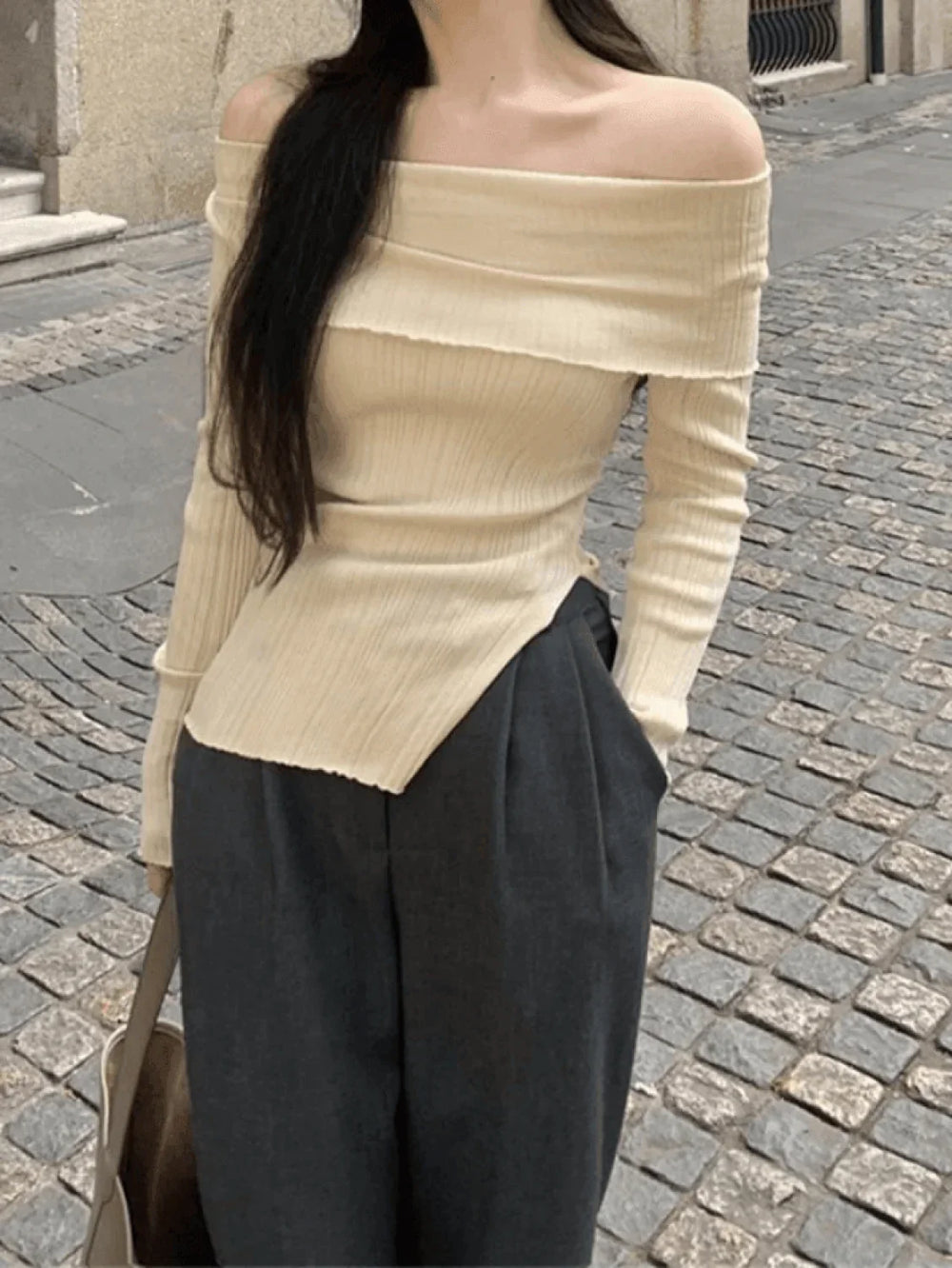 Split Off Shoulder Ribbed Knit Top Sweaters