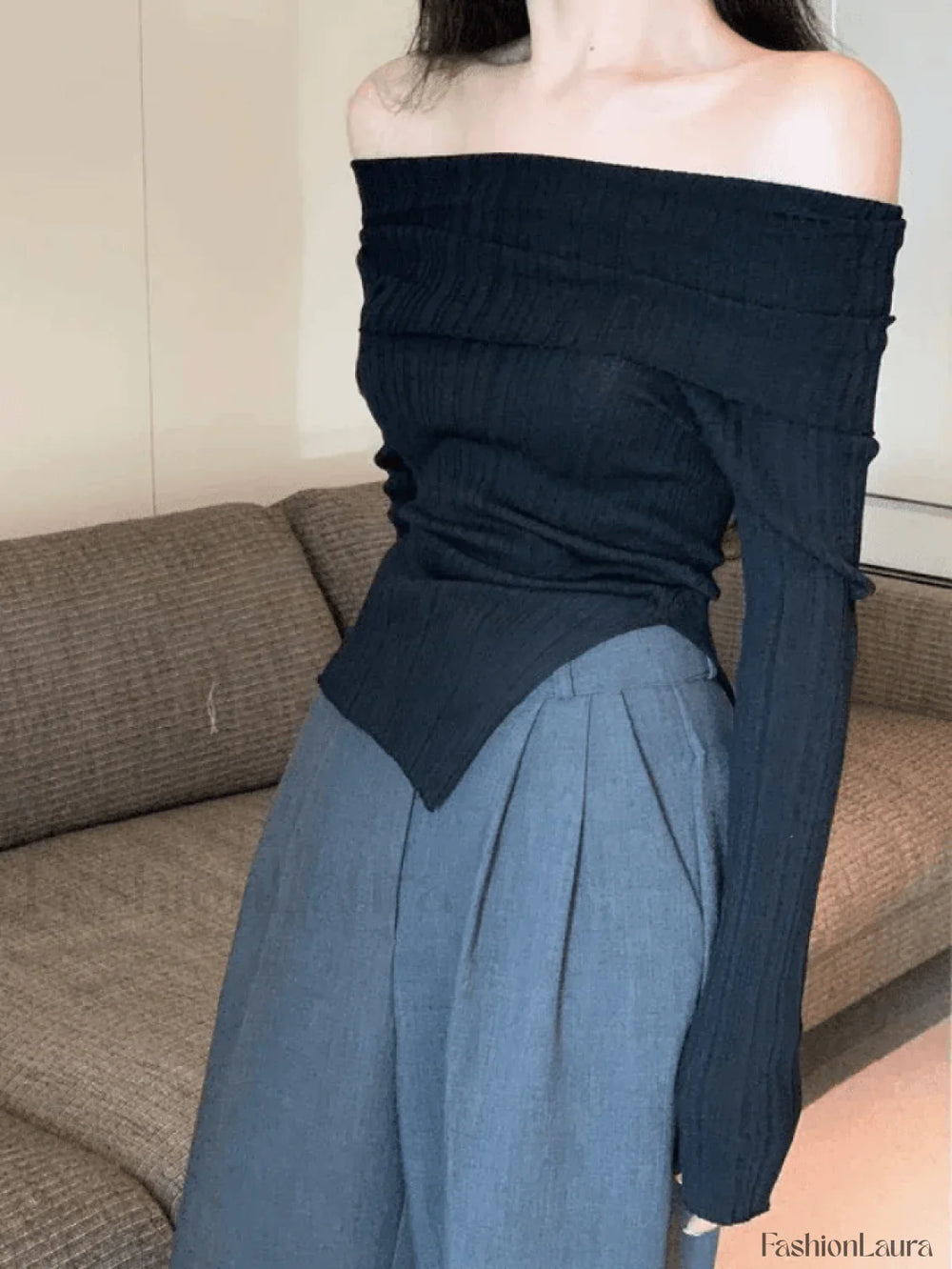 Split Off Shoulder Ribbed Knit Top Sweaters