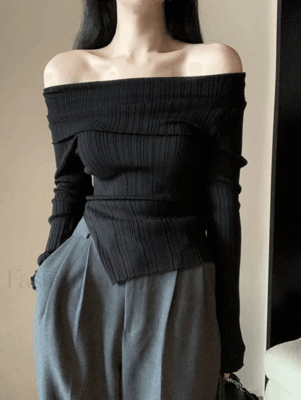 Split Off Shoulder Ribbed Knit Top Sweaters