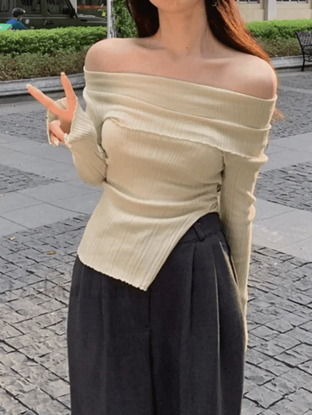 Split Off Shoulder Ribbed Knit Top Sweaters