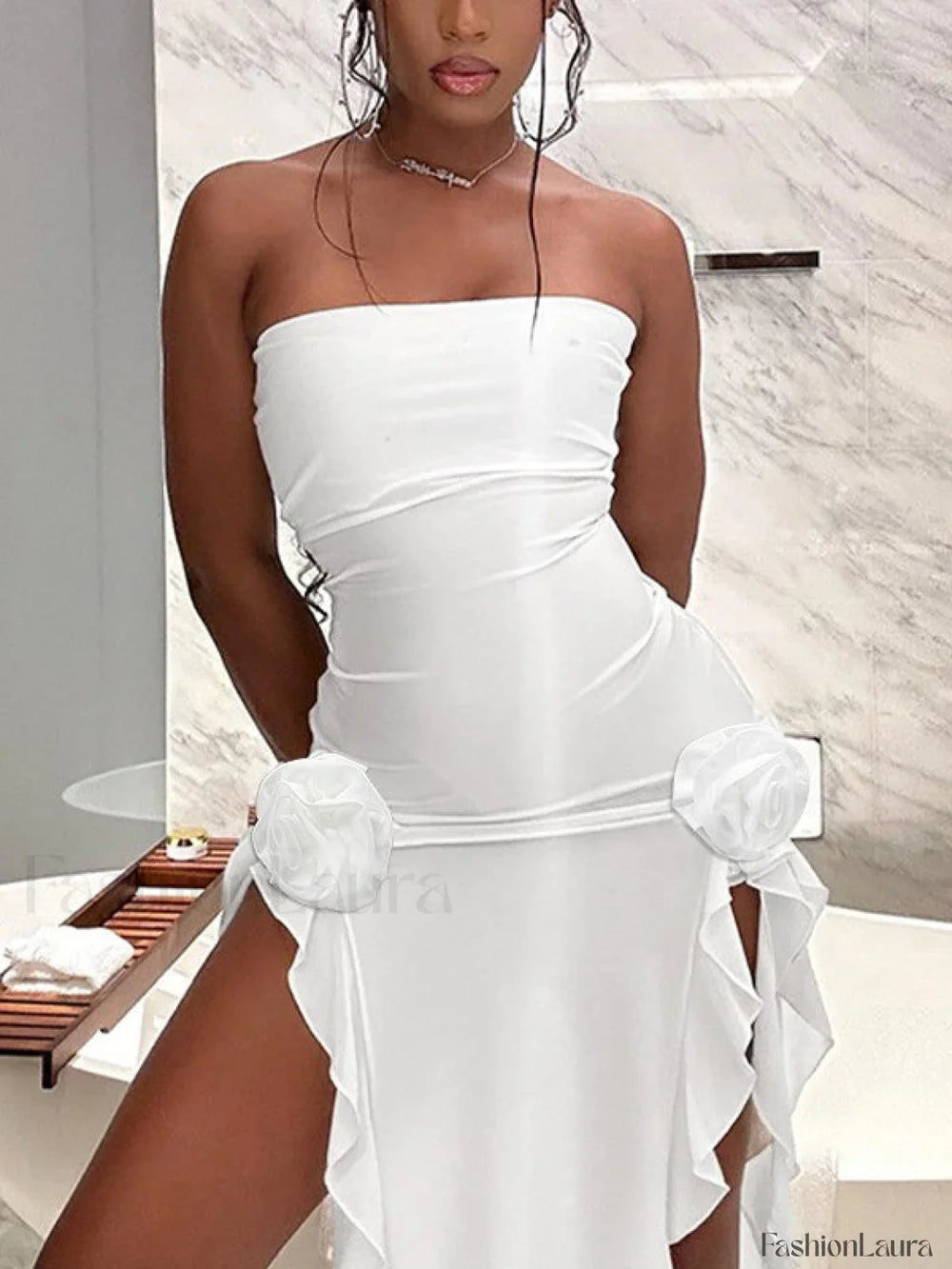 Split Ruffle Mesh Bandeau Maxi Dress Maxi Dresses