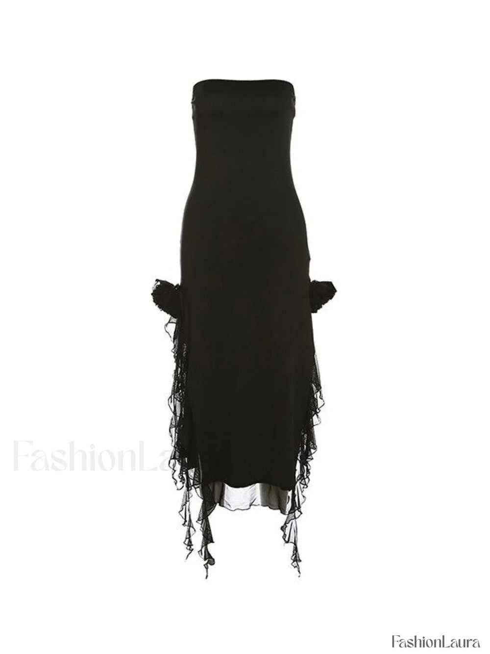 Split Ruffle Mesh Bandeau Maxi Dress Maxi Dresses