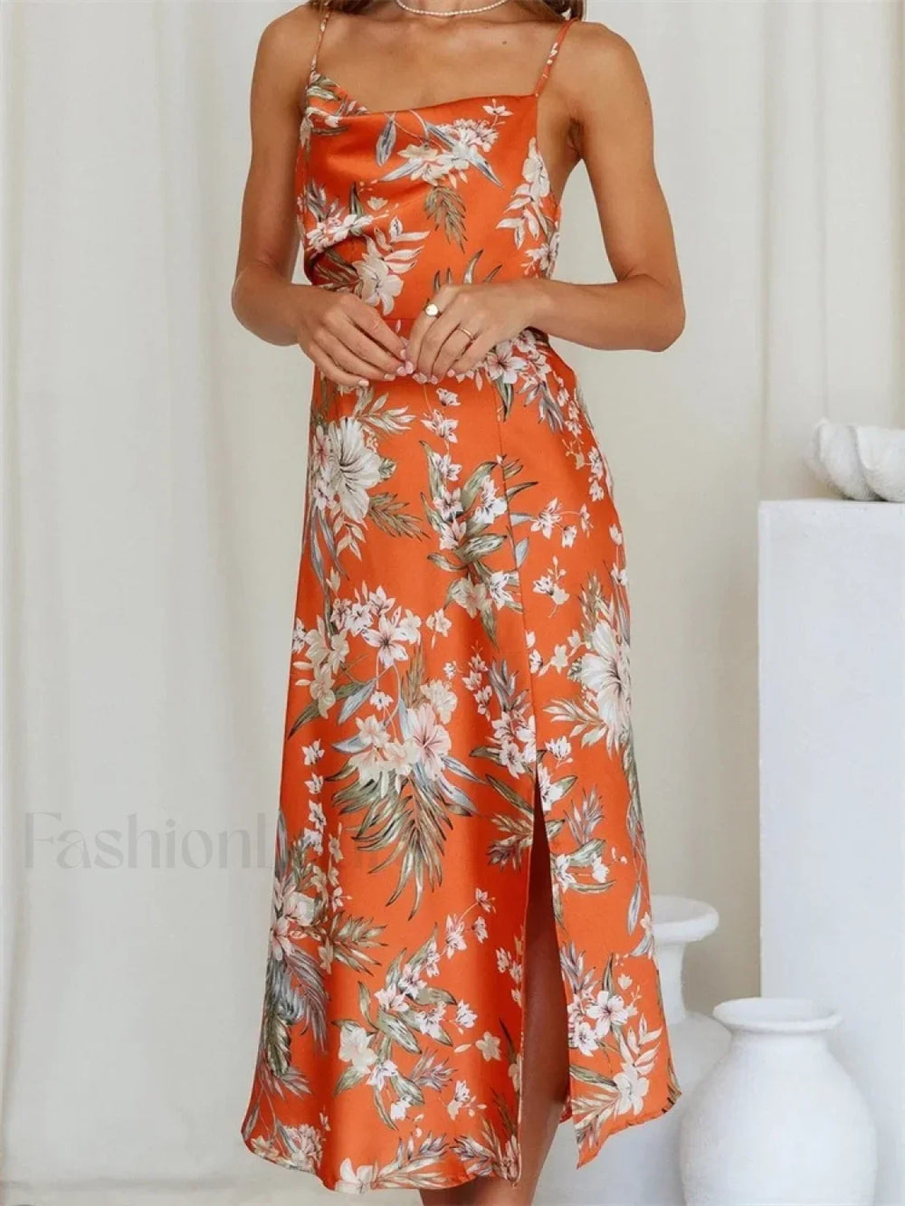 Split Strap Midi Floral Dress orange / S