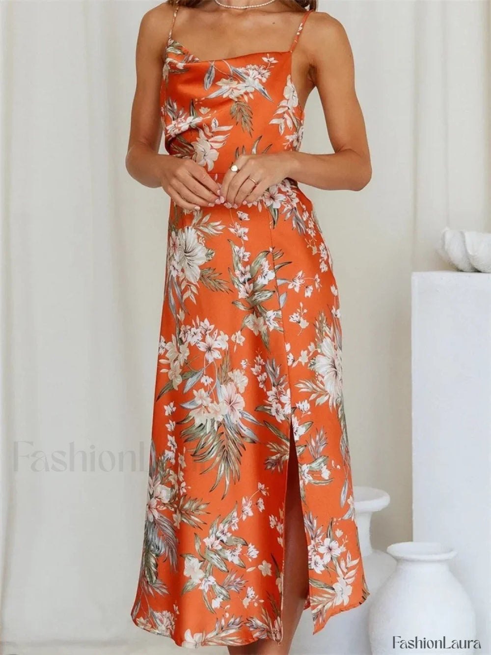 Split Strap Midi Floral Dress orange / S