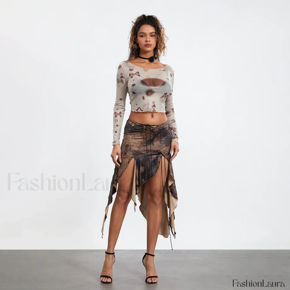 Split Tie Up Midi Ruffle Skirt