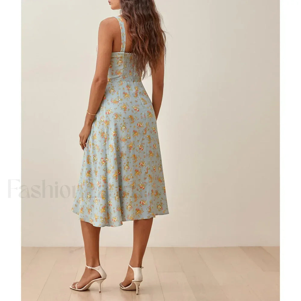 Square Bow Slit Floral Dress