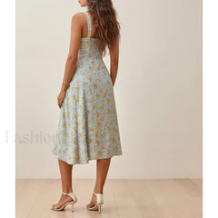 Square Bow Slit Floral Dress