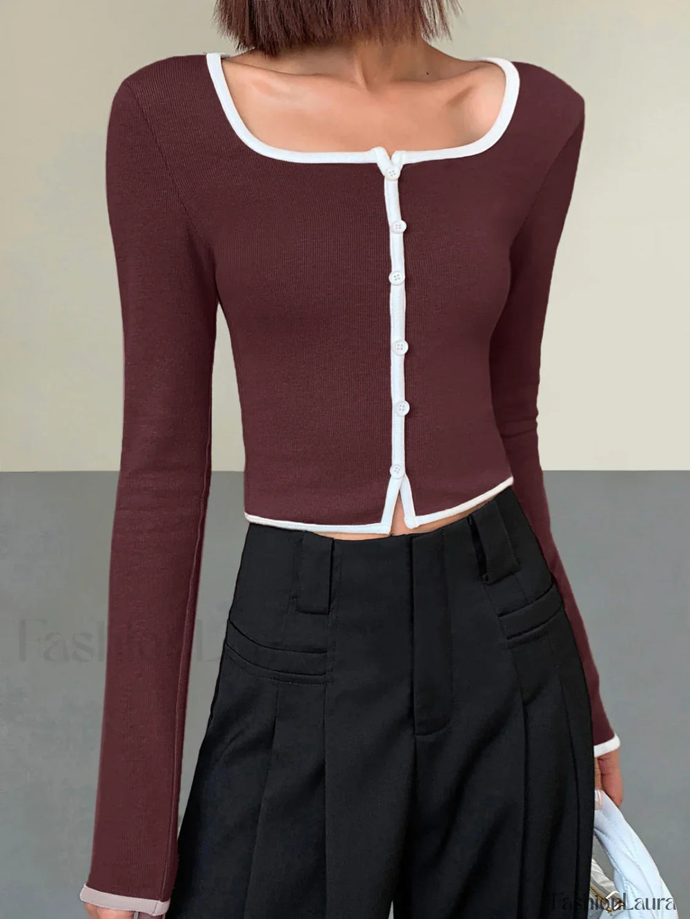 Square Neck Contrast Trim Long Sleeve Knit Shirt Burgundy / XS T Shirts