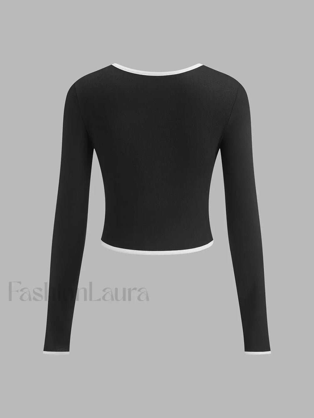 Square Neck Contrast Trim Long Sleeve Knit Shirt T Shirts