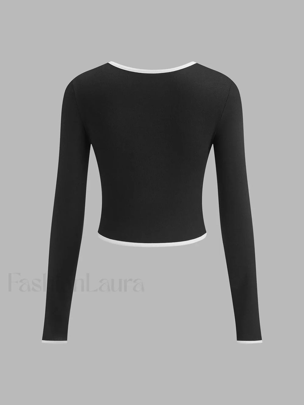 Square Neck Contrast Trim Long Sleeve Knit Shirt T Shirts
