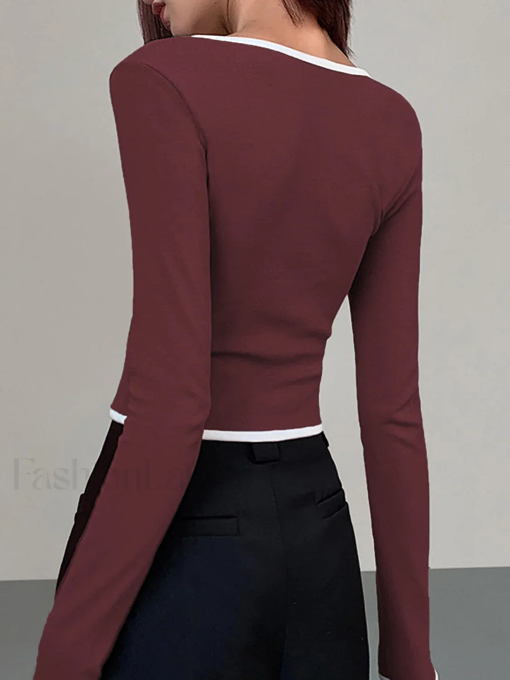 Square Neck Contrast Trim Long Sleeve Knit Shirt T Shirts