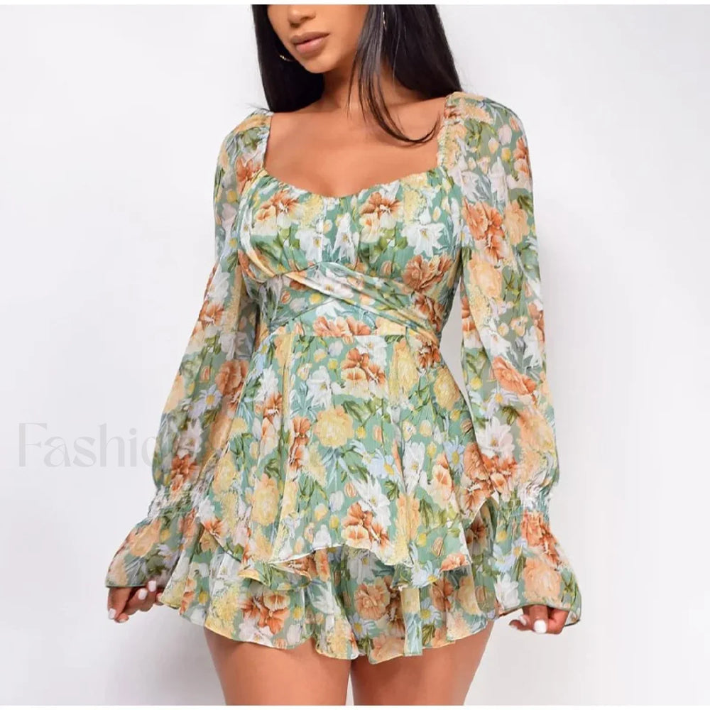 Square Neck Jumpsuit Floral Dress