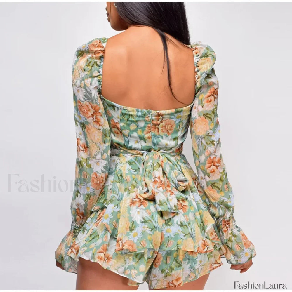 Square Neck Jumpsuit Floral Dress