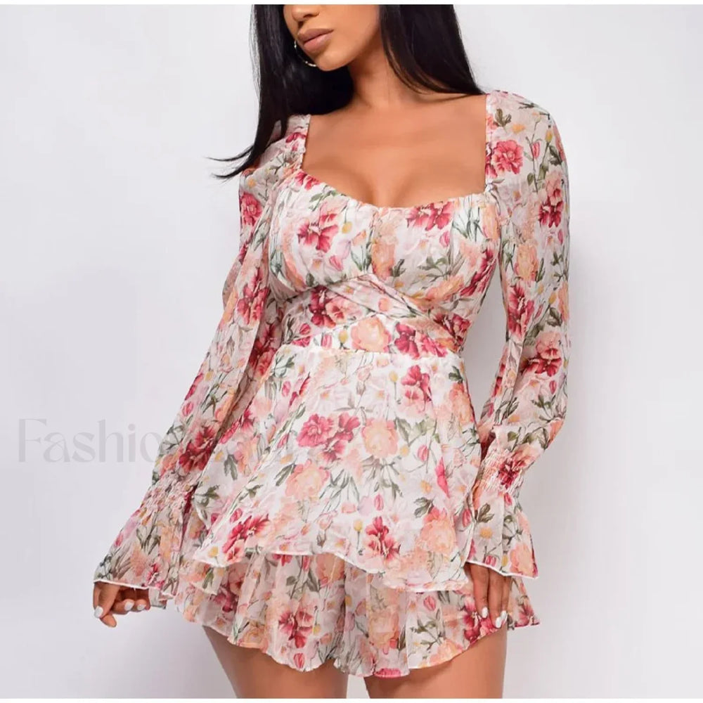 Square Neck Jumpsuit Floral Dress