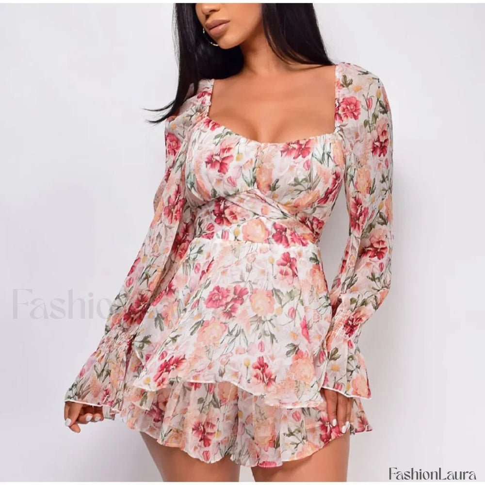 Square Neck Jumpsuit Floral Dress