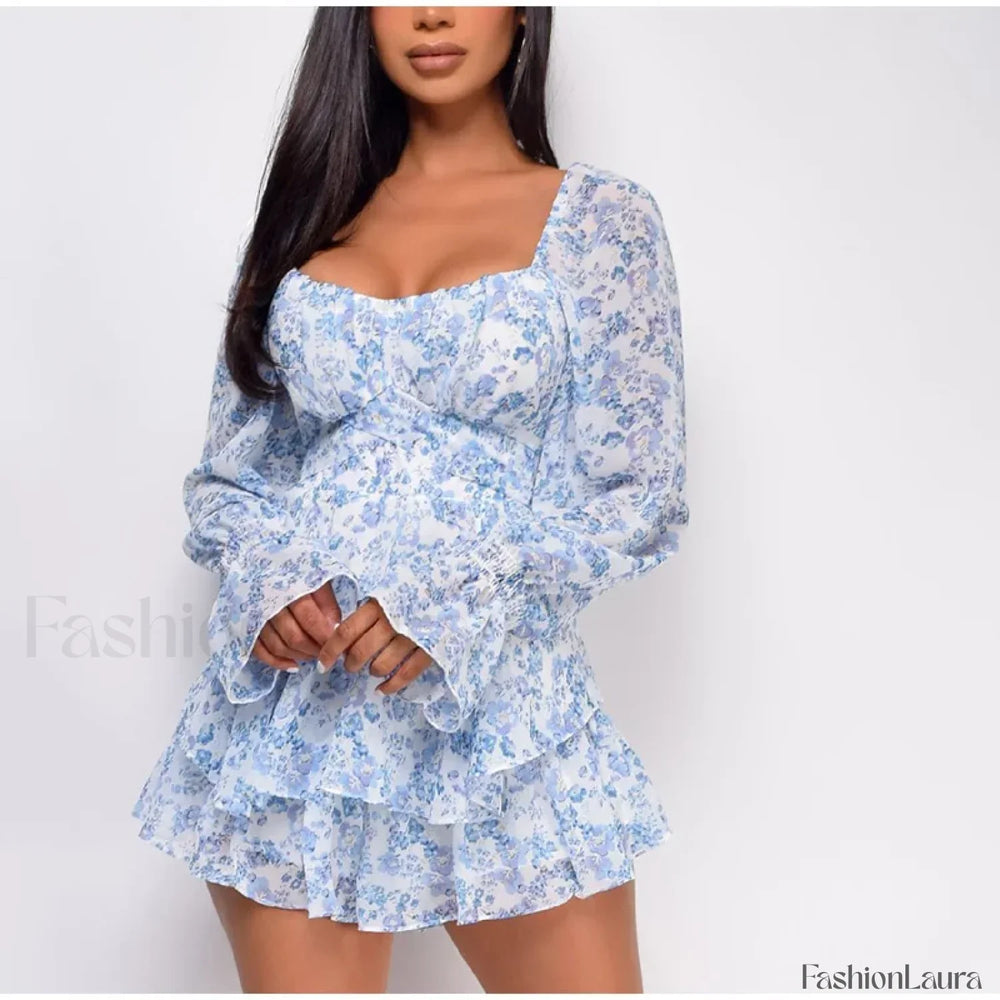 Square Neck Jumpsuit Floral Dress Blue / S